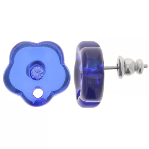 Ganchos pendientes flor de resina transparente de 15 mm con strass - Azul real x2