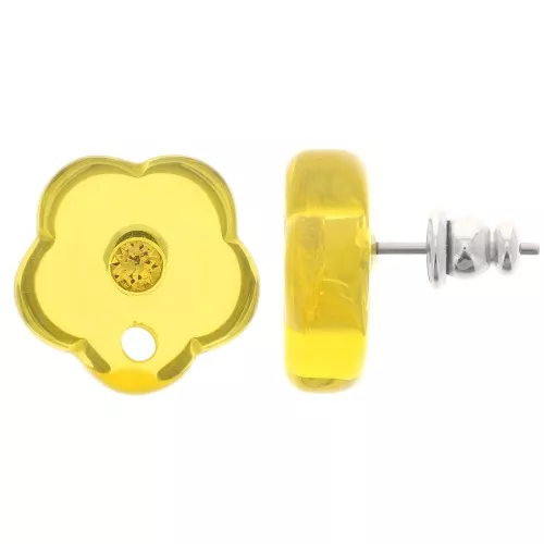 Ganchos pendientes flor de resina transparente de 15 mm con strass - Amarillo sol x2