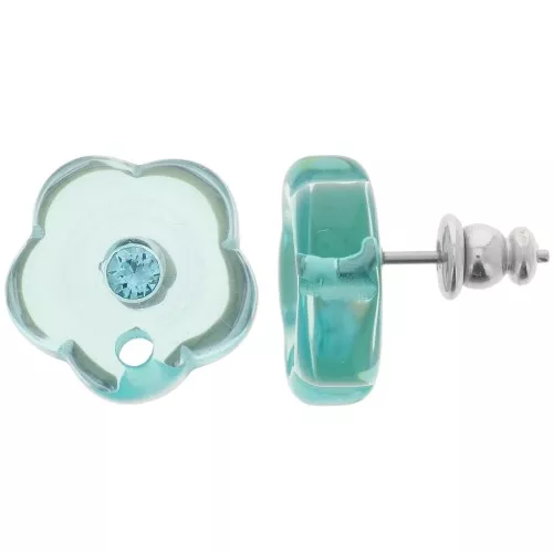 Ganchos pendientes flor de resina transparente de 15 mm con strass - Verde agua x2