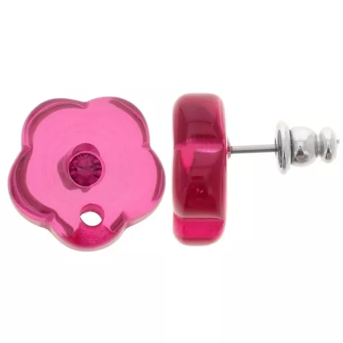 Ganchos pendientes flor de resina transparente de 15 mm con strass - Rosa oscuro x2