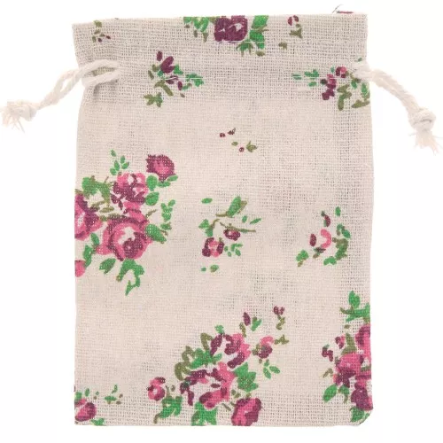 Bolsa de polialgodón efecto yute 95x140 mm Flores - Beige - Rosa - Verde x1