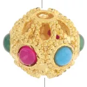 Cuenta redonda aplanada de filigrana 9x8mm con piedras preciosas de color - Onyx - Dorado x1