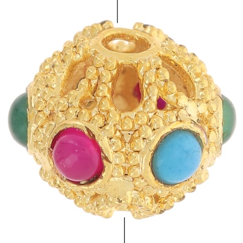 Cuenta redonda aplanada de filigrana 9x8mm con piedras preciosas de color - Onyx - Dorado x1