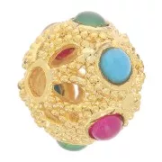 Cuenta redonda aplanada de filigrana 9x8mm con piedras preciosas de color - Onyx - Dorado x1