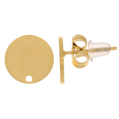 Pendientes de botón redondos lisos de 10 mm - Acero inoxidable 316L dorado - Dorado x2