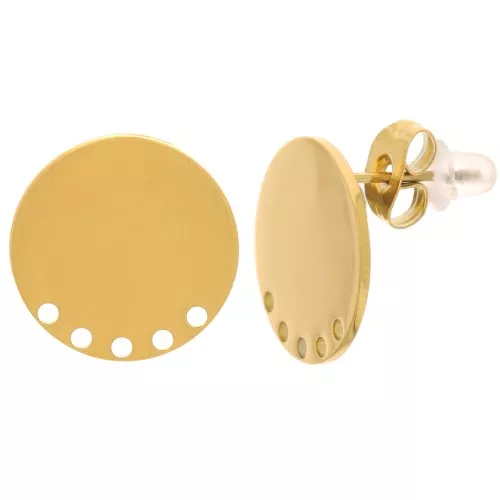 Pendientes redondos lisos 15 mm con 5 agujeros - Acero inoxidable 316L Dorado x2