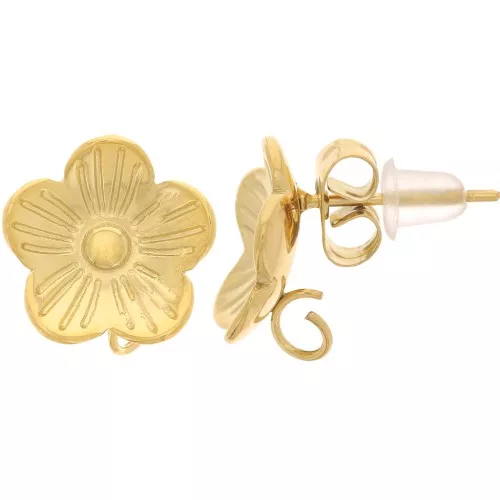 Pendientes Flor 11mm con Aro Abierto - Acero Inoxidable304L Dorado x2