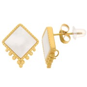 Pendientes rombo 15x13mm bolitas y nácar - Acero inoxidable 316L dorado x2|raw }}