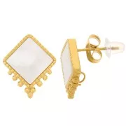 Pendientes de botón en forma de rombo de 15,5 x 13 mm con bolas y nácar - Acero inoxidable 304L Dorado (2 unidades)