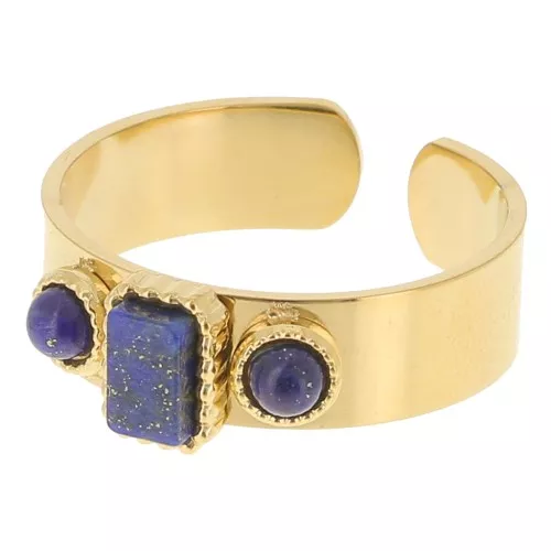 Anillo 3 cabujones gemas S.55 a 60 - Acero inoxidable 316L dorado - Lapislázuli x1