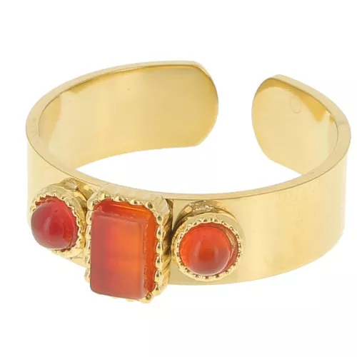 Anillo 3 cabujones gemas S.55 a 60 - Acero inoxidable 316L dorado - Ágata roja x1