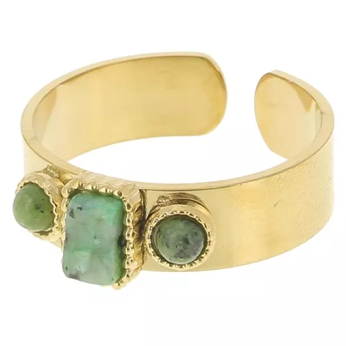 Anillo 3 cabujones piedras preciosas Acero inoxidable 316L Dorado Turquesa africana