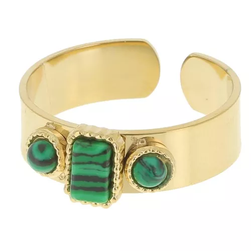 Anillo 3 gemas de imitación S.55 a 60 - Acero inoxidable 316L dorado - Malaquita