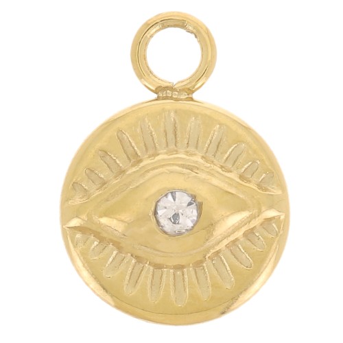 Charm redondo de 8 mm - motivo ojo con óxido de circonio - Acero inoxidable 316L doradox1