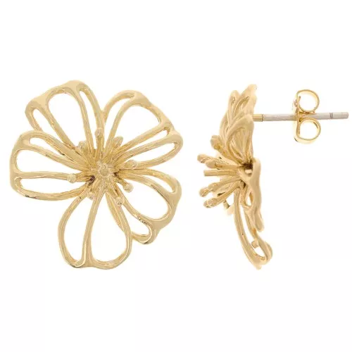 Pendientes Flor Hueca 17x19 mm con Aro Abierto - Dorado oro fino x2