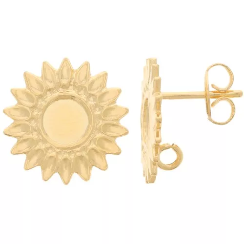 Pendientes flor 15 mm para cabujón 5 mm - Dorado con oro fino x2