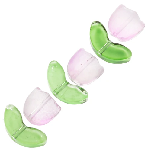 Juego de 6 cuentas de cristal Tulipán - 14 mm - Flor rosa - Verde