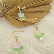 Juego de 6 cuentas de cristal Tulipán - 14 mm - Flor rosa - Verde