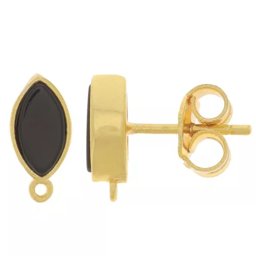 Pendientes navette 11x5 mm con gema - Oro - Onix negro x2