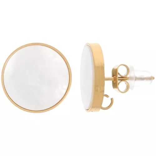 Pendientes redondos de 13 mm con nácar y anilla abierta - Acero inoxidable 316L bañado en Dorado x2