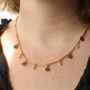 Colgante redondo de 7 mm con strass - Dorado - Azul claro x1