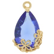 Colgante gota de cristal facetado con flores 16x9 mm - Dorado - Azul x1