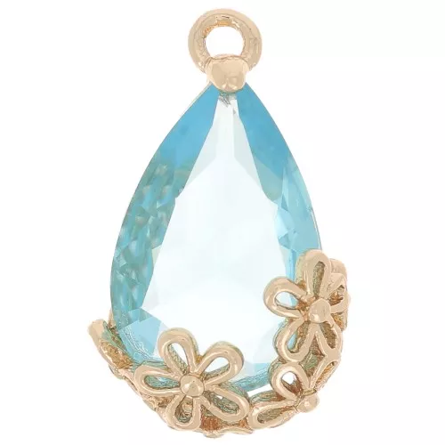 Colgante gota de cristal facetado con flores 16x9 mm - Dorado - Azul turquesa x1