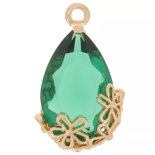 Colgante gota de cristal facetado con flores 16x9 mm - Dorado - Esmeralda x1
