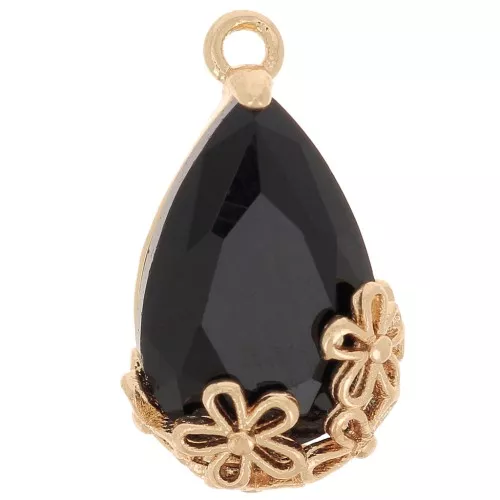 Colgante gota de cristal facetado con flores 16x9 mm - Dorado - Negro x1
