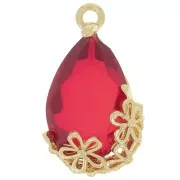 Colgante gota de cristal facetado con flores 16x9 mm - Dorado - Rojo x1