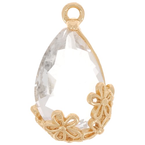 Colgante gota de cristal facetado con flores 16x9 mm - Dorado - Transparente x1