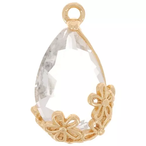 Colgante gota de cristal facetado con flores 16x9 mm - Dorado - Transparente x1
