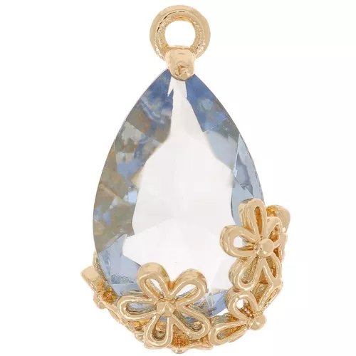 Colgante gota de cristal facetado con flores 16x9 mm - Dorado - Azul claro x1