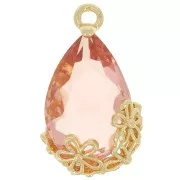 Colgante gota de cristal facetado con flores 16x9 mm - Dorado - Rosa Salmón x1