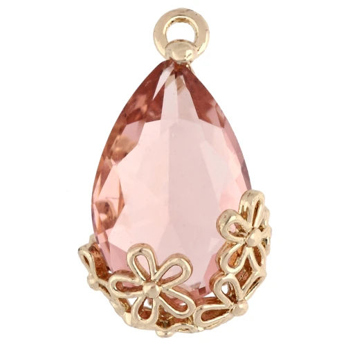 Colgante gota de cristal facetado con flores 16x9 mm - Dorado - Rosa Salmón x1