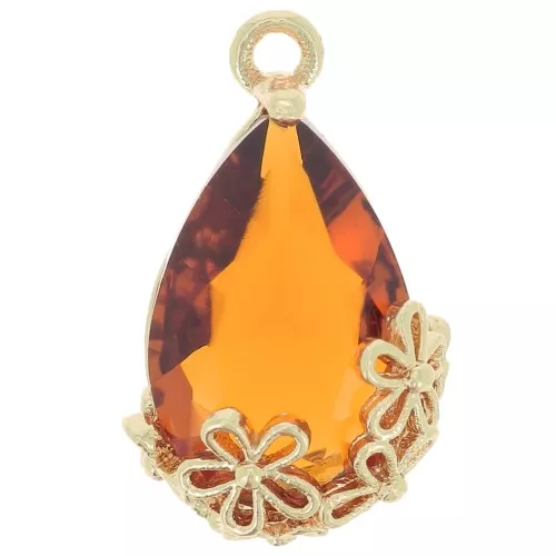 Colgante gota de cristal facetado con flores 16x9 mm - Dorado - Coñac x1