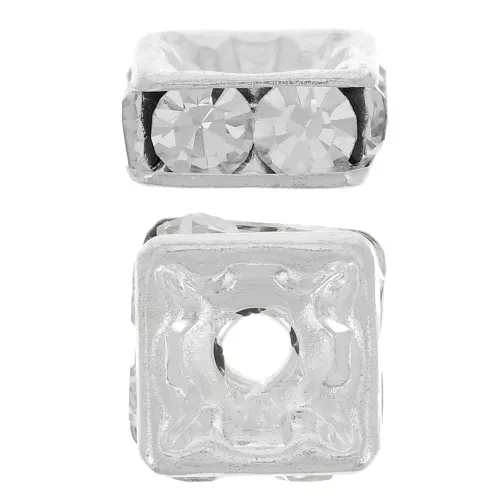 Perla rondel Strass cuadrado 8 mm Crystal Plata  x1