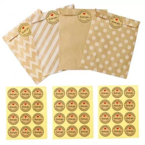 Lote de 24 bolsillos de papel kraft estampado de 17x13 cm y 24 etiquetas redondas