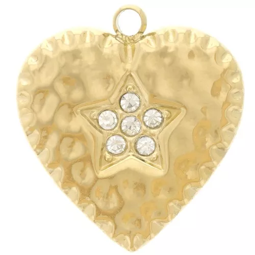 Colgante corazón martillado 19,5x18mm y óxidos de circonio - acero inoxidable dorado 304L x1