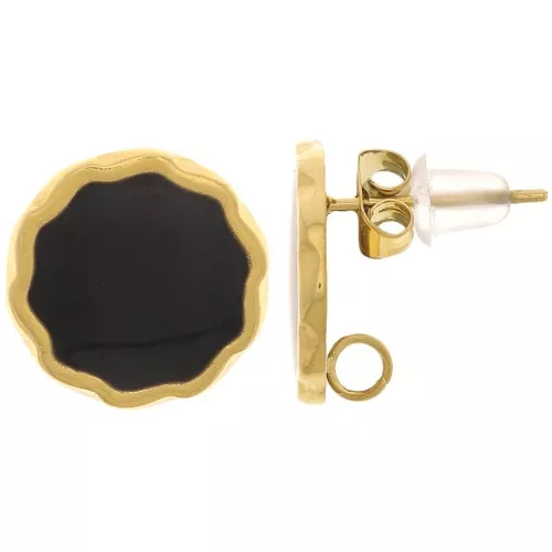 Pendientes redondos de 13 mm y resina epoxi - Acero inoxidable chapado en oro 304L - Negro x2