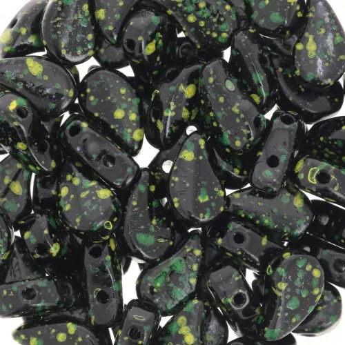 Cuentas de vidrio dos agujeros Paisley Duo 9x5.5 mm - Jet Discolored Green x10g