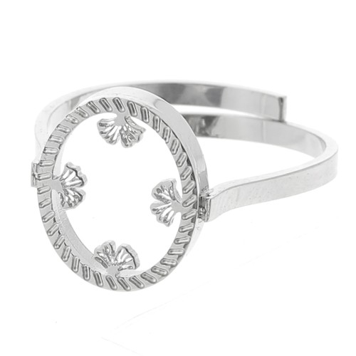 Anillo ovaladoado ajustable - motivo ginkgo - cabujón plano 10x8 mm - acero inoxidable 316L