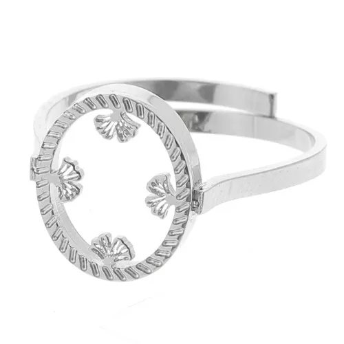 Anillo ovaladoado ajustable - motivo ginkgo - cabujón plano 10x8 mm - acero inoxidable 316L