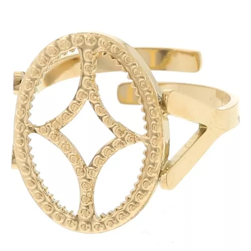 Anillo ovaladoado ajustable - motivo diseño - cabujón plano 14x10mm - Acero inoxidable 316L dorado
