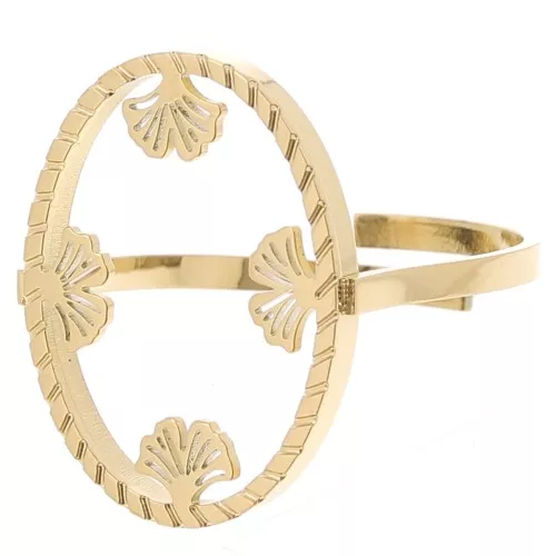 Anillo oval ajustable - motivo ginkgo - cabujón plano 18x13 mm Acero inoxidable 304, dorado