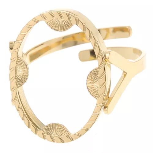 Anillo ovaladoado ajustable con cabujón plano motivo medio sol 18x13 mm Acero inoxidable 316L, dorado