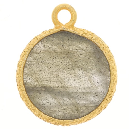 Dije de piedra preciosa redonda plana de 10 mm y engaste texturizado - Oro fino - Labradorita