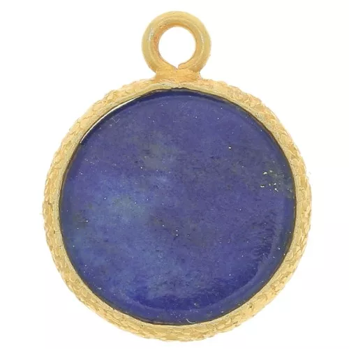 Dije de piedra preciosa redonda plana de 10 mm y engaste texturizado - Lapislázuli dorado de oro fino