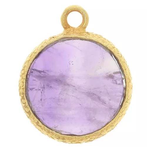 Colgante redondo plano de 10 mm con gema y engaste texturizado - Dorado fino - Amatista