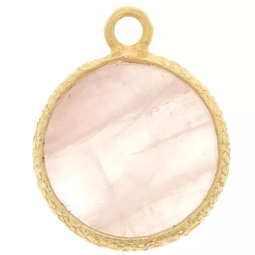 Colgante redondo plano de 10 mm con gema y engaste texturizado -Dorado fino - Cuarzo rosa